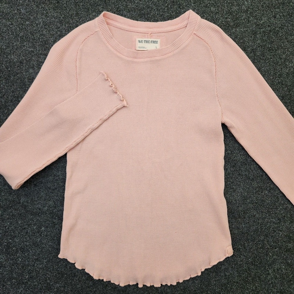 We The Free People Shirt Womens Small Pink Thermal Waffle Knit Ruffle Hem Top
